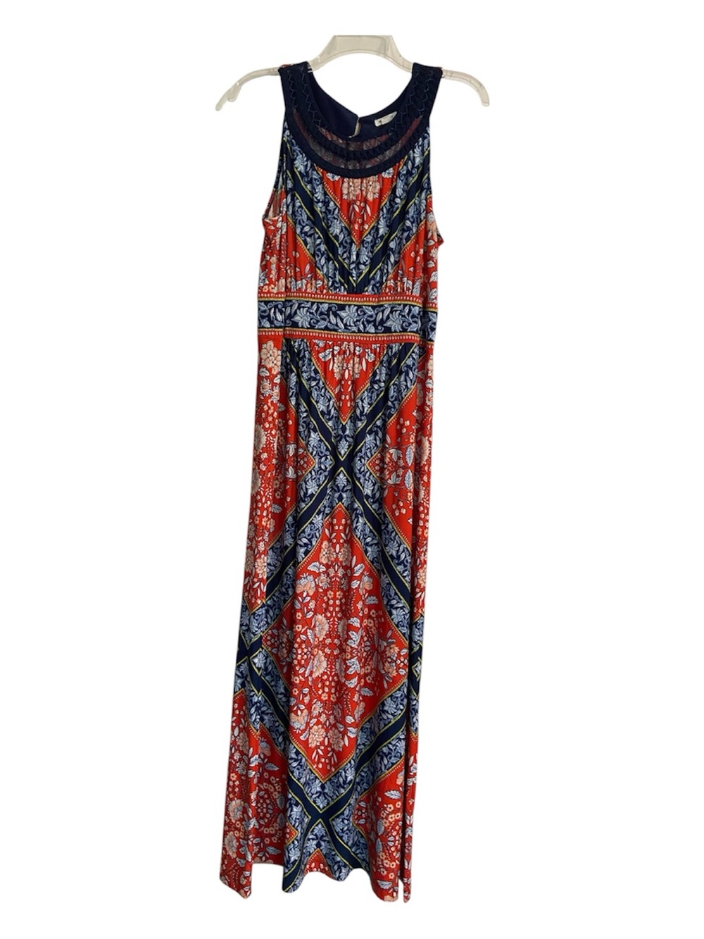 Sleeveless Orange & Navy Patterned Maxi Dress